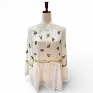 SUNDANCE Boho Ivory Sheer Silk Blouse with Gold Beads and Sequins Size S